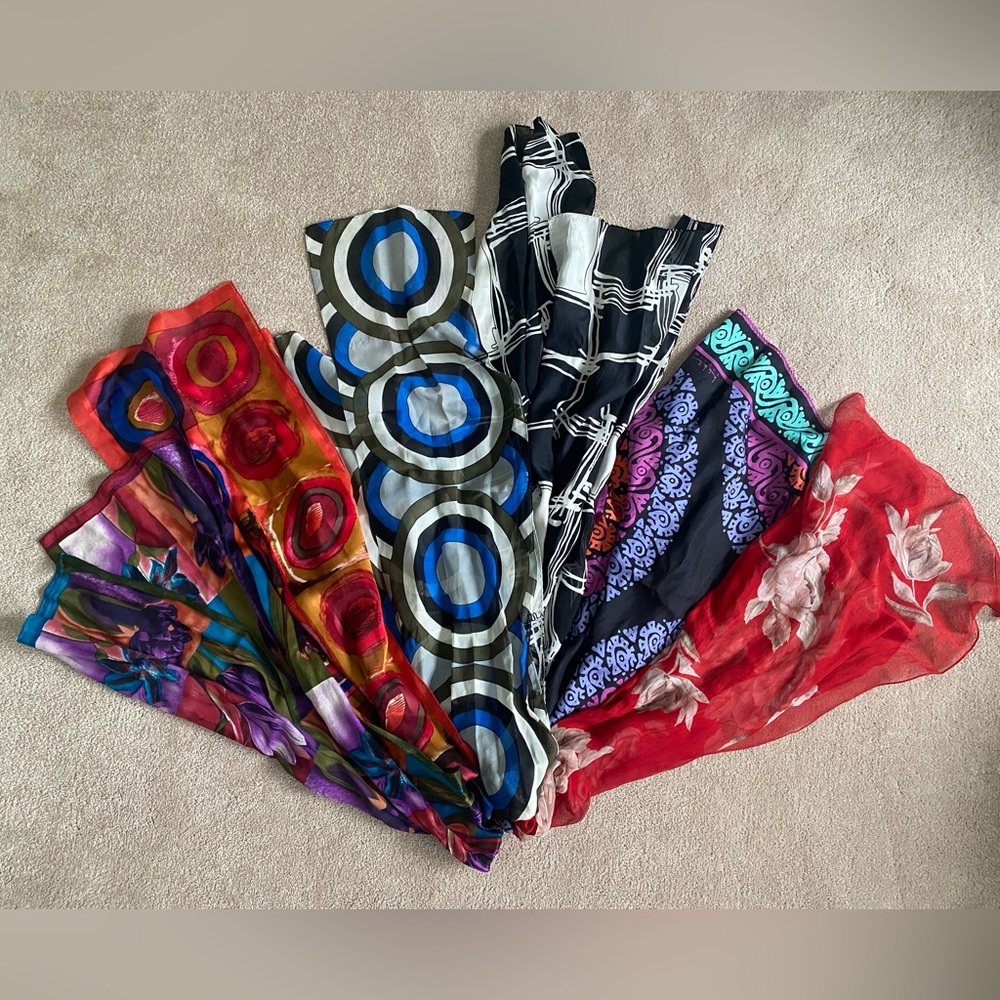 Scarves!  Bundle 6 asst oblong scarves.  Multi-colors, Silk, blends, feel.